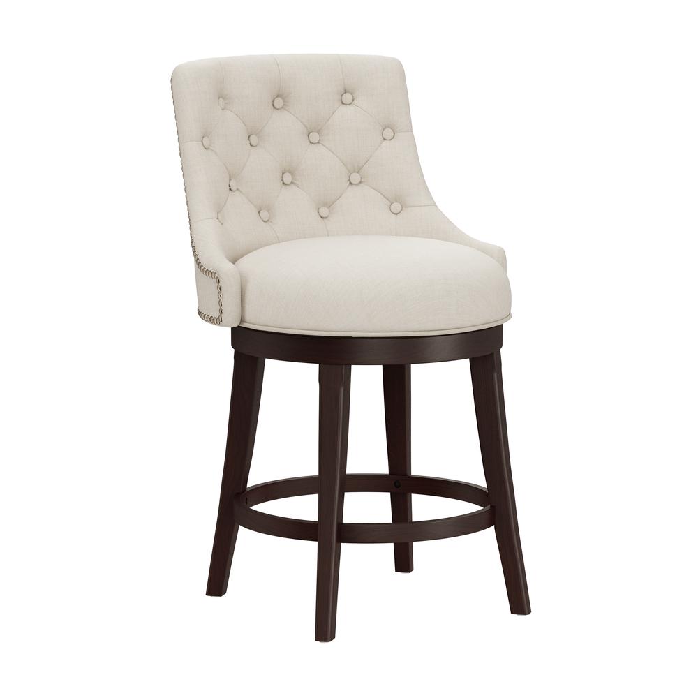 Halbrooke Wood Counter Height Swivel Stool, Cream Fabric. Picture 1