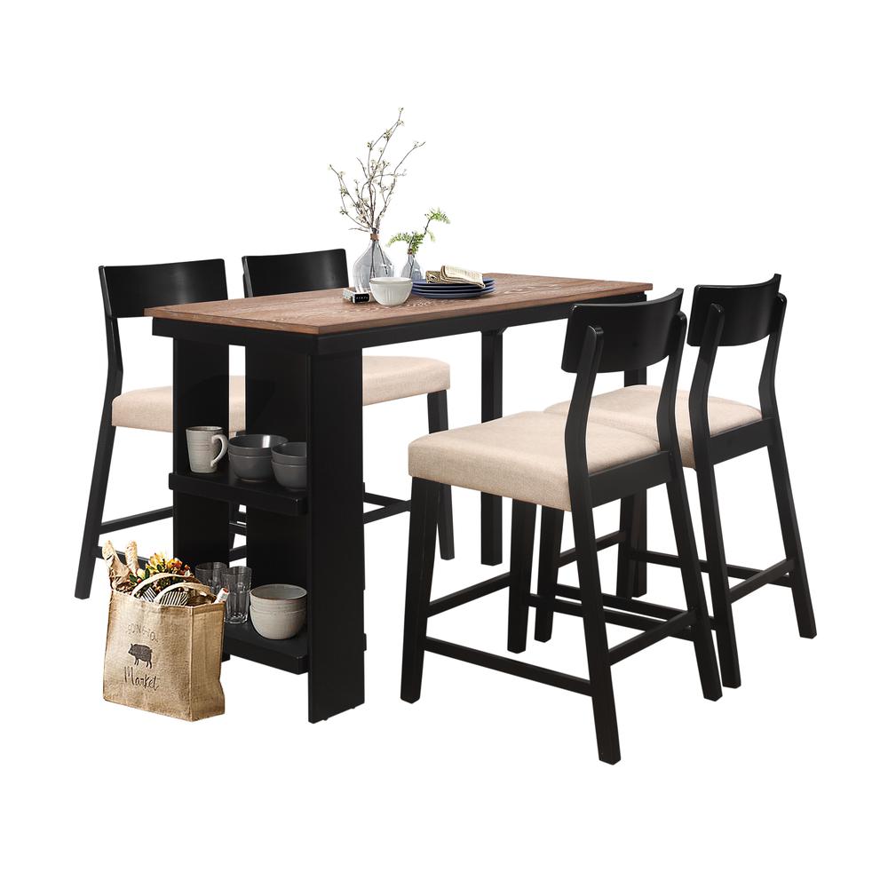 5 Piece Wood Counter Height Dining Set, Black with Oak Wire Brush Finished Top. Picture 1