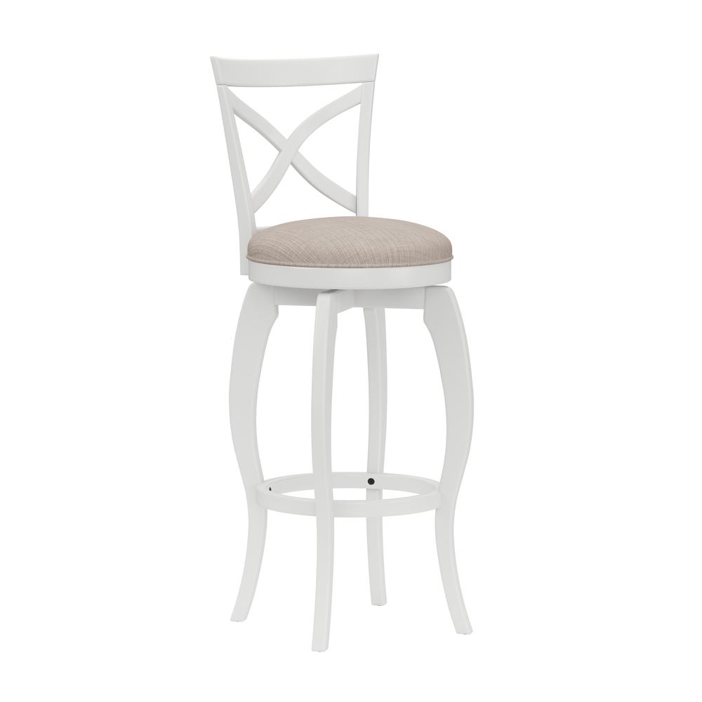 Ellendale Wood Bar Height Swivel Stool, White with Beige Fabric. Picture 1