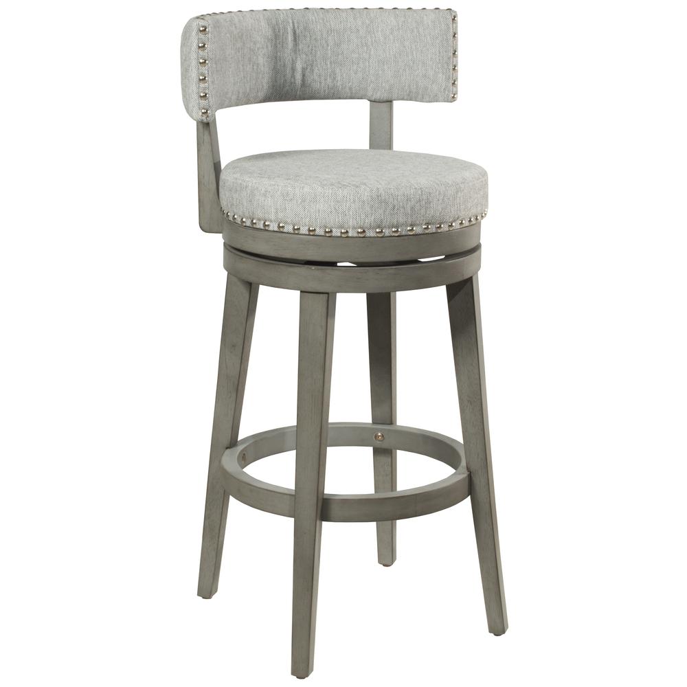 Lawton Wood Bar Height Swivel Stool, Antique Gray with Ash Gray Fabric. Picture 1