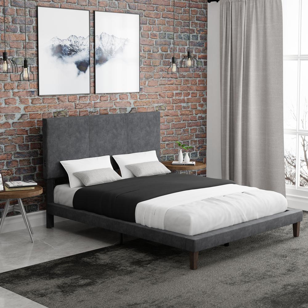 Muellen Upholstered Platform Full Bed with 2 Dual USB Ports, Graphite Gray Vinyl. Picture 2