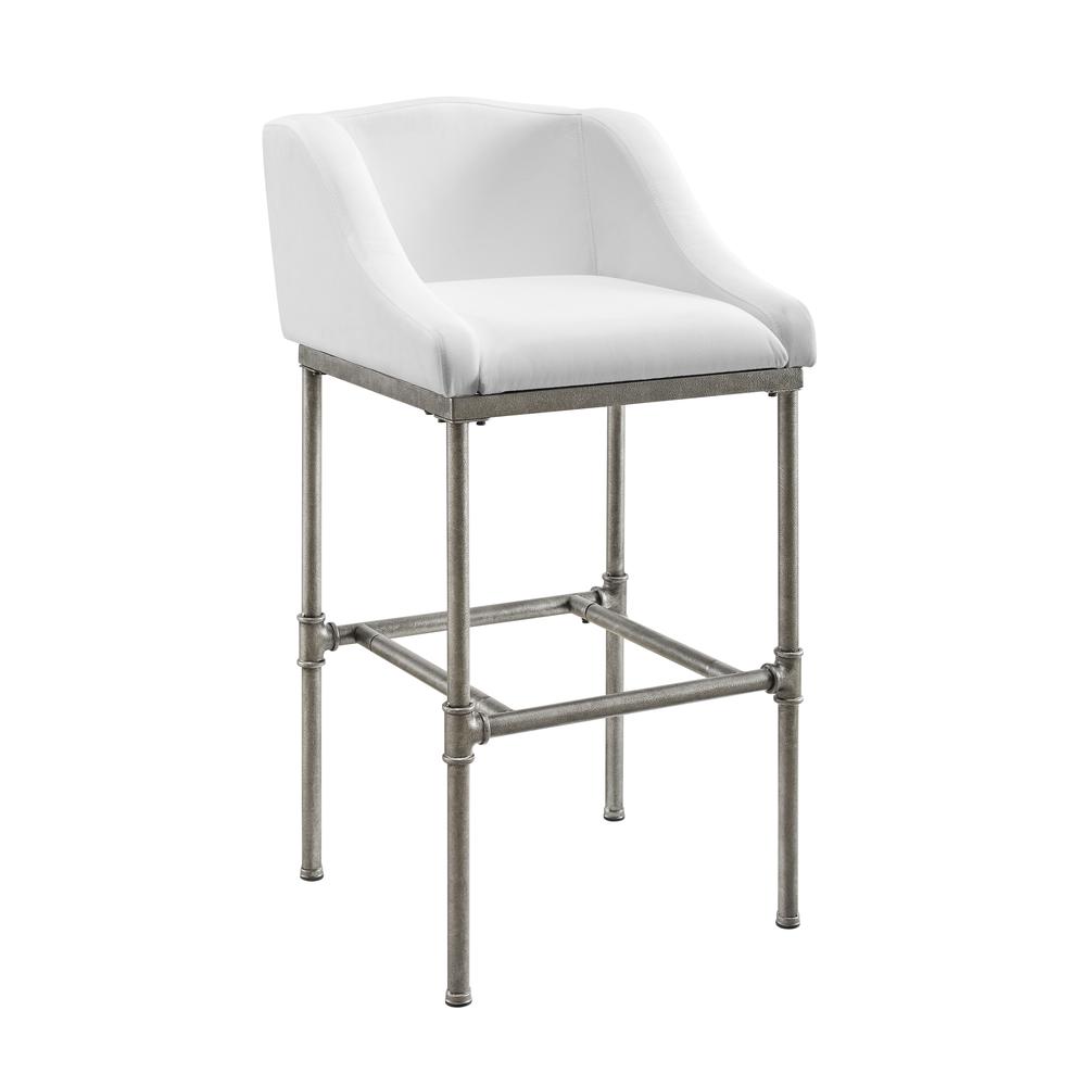 Metal Bar Height Stool, Textured Silver with White Fabric. Picture 1