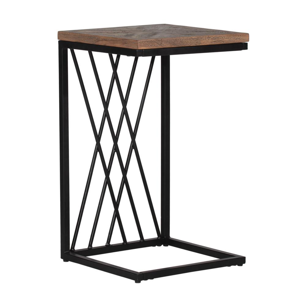 Wood and Metal C-Shaped Accent Table, Black Metal with Brown Wood. Picture 1