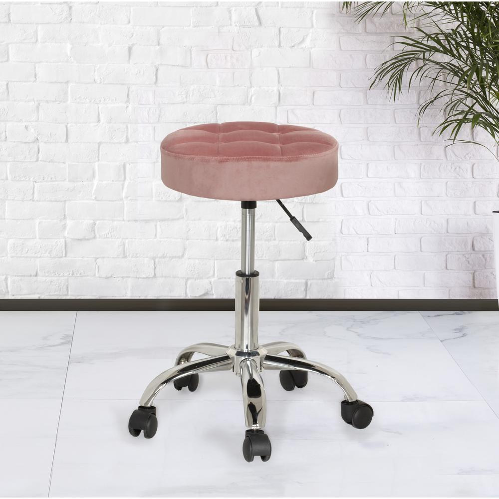 Tufted Adjustable Backless Vanity/Office Stool with Casters, Pink. Picture 3