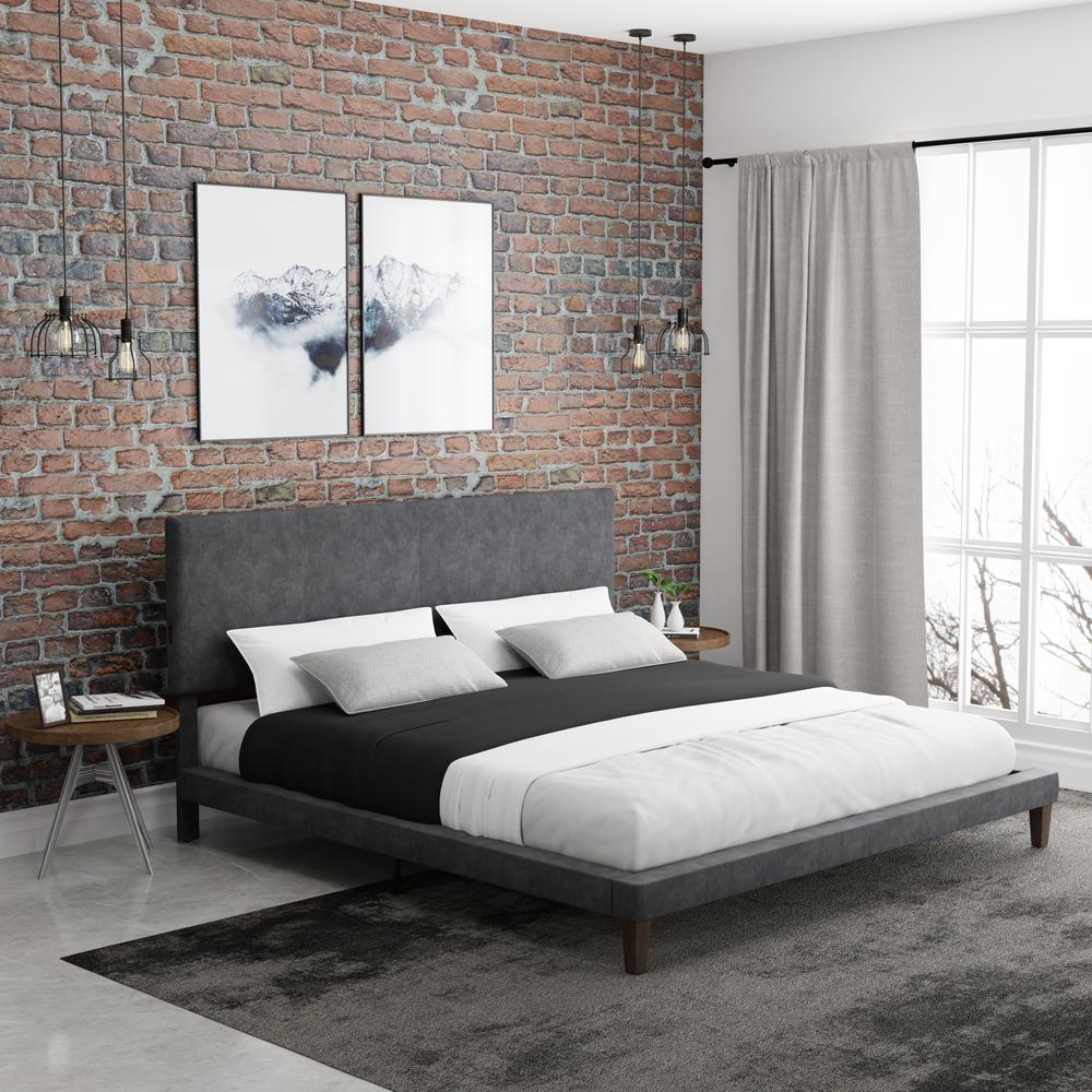 Muellen Upholstered Platform King Bed with 2 Dual USB Ports, Graphite Gray Vinyl. Picture 2