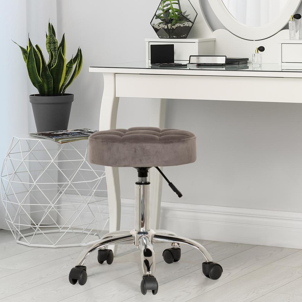 Tufted Adjustable Backless Vanity/Office Stool with Casters, Gray. Picture 4