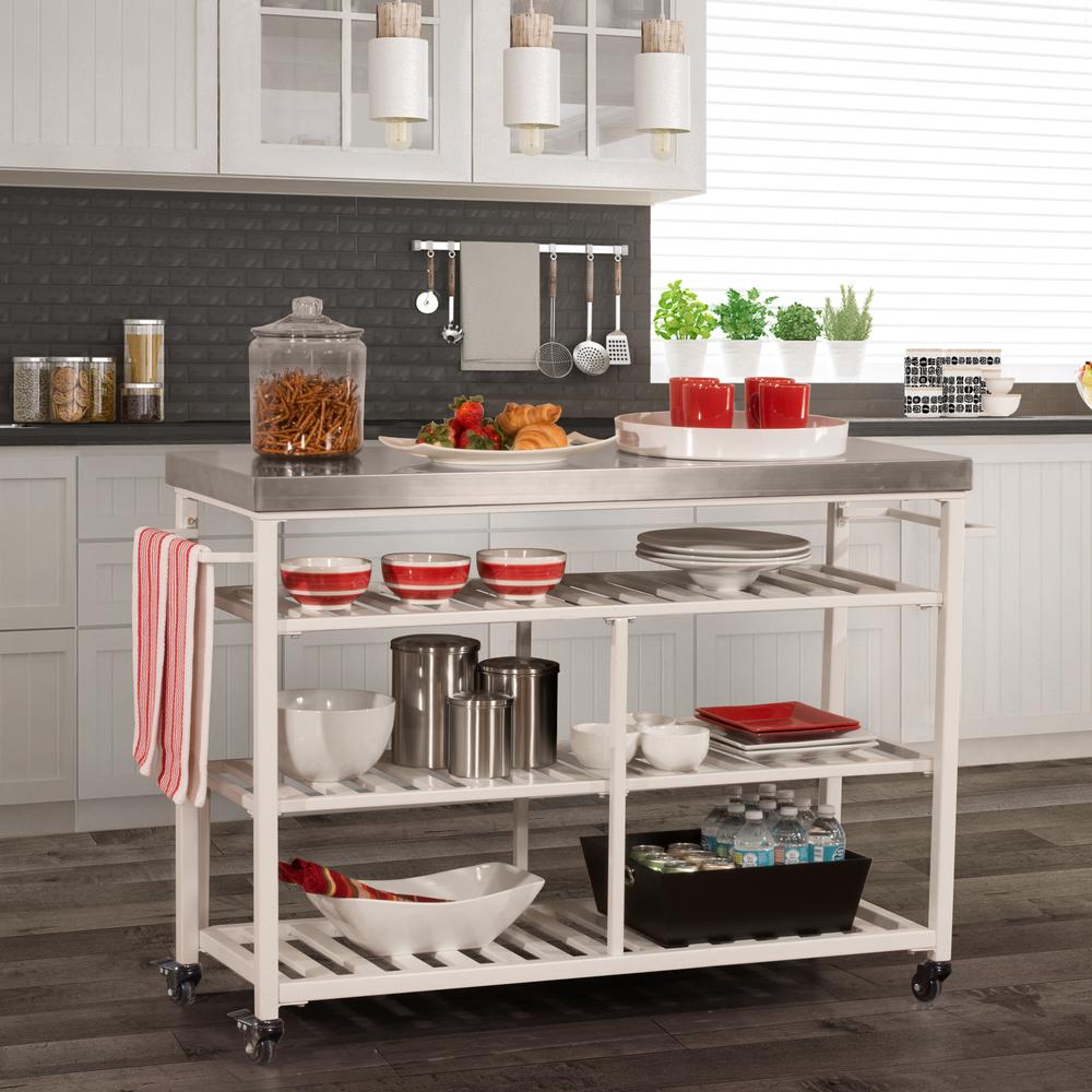 Kennon Kitchen Cart in White with Stainless Steel Top. Picture 2