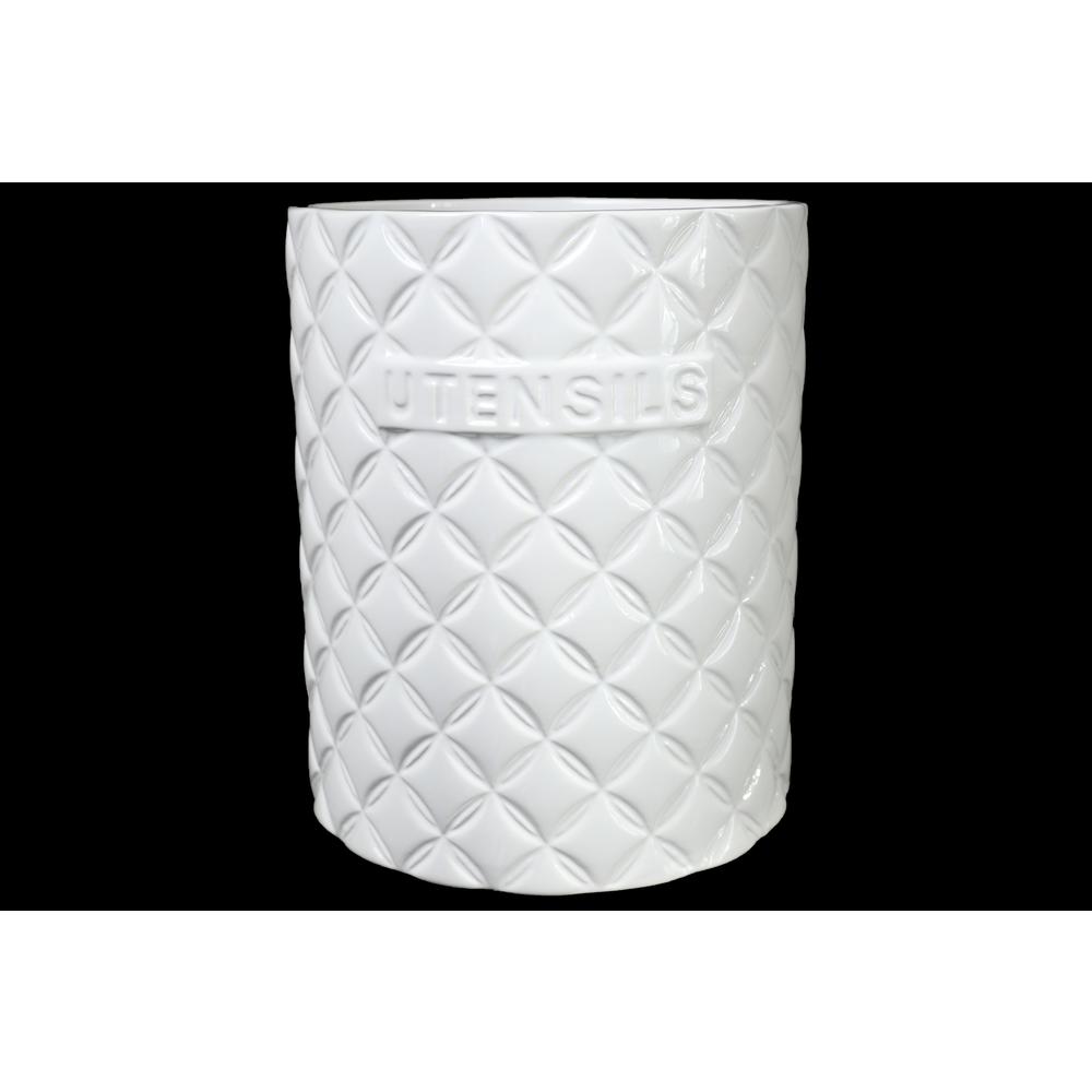 Ceramic Round Utensil Jar with Embossed UTENSILS Writing and Diamond Pattern Design Body Gloss Finish White. Picture 1