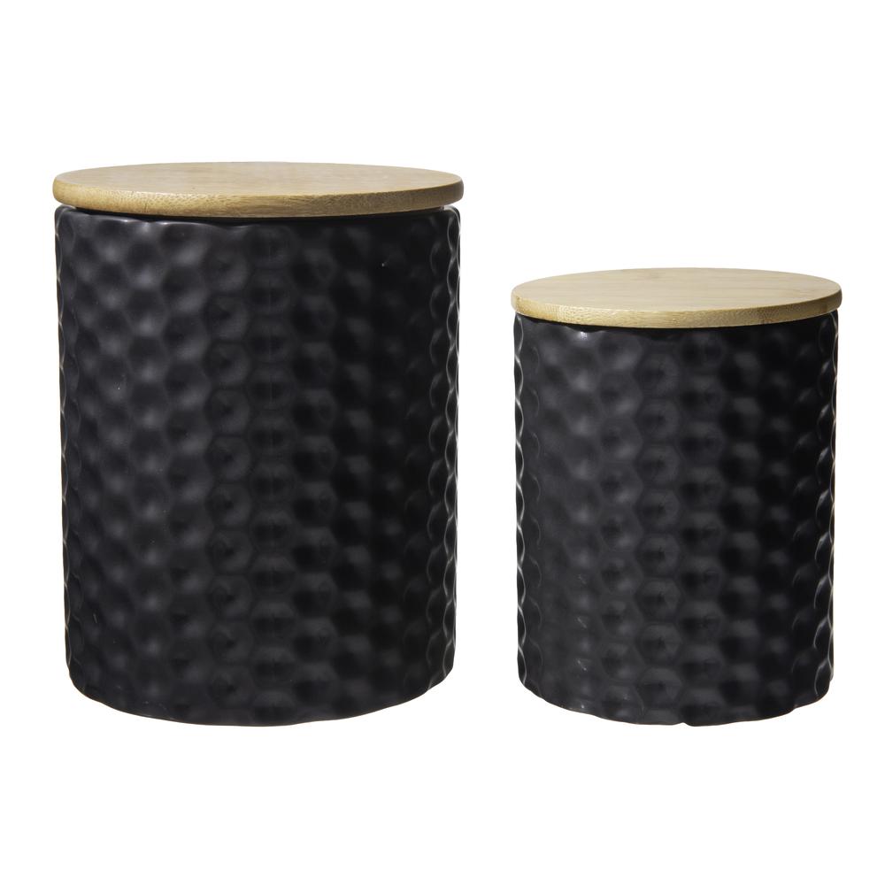 Ceramic Round Canister with Bamboo Lid and Pressed Dotted Pattern Design Body Set of Two Matte Finish Black. The main picture.