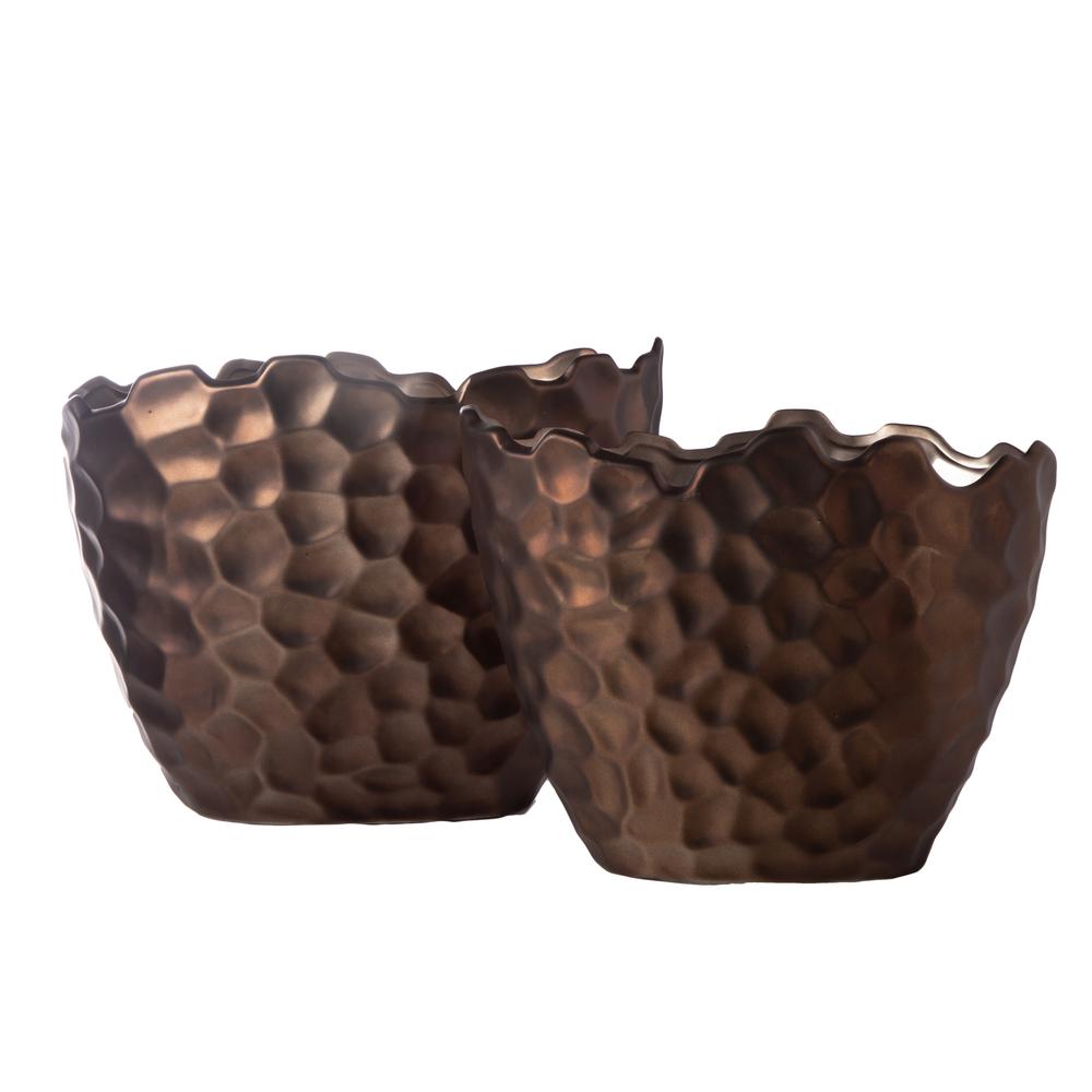 Ceramic Oval Pot with Irregular Lip, Geometric Pattern and Tapered Bottom Set of Two Matte Finish Brown. The main picture.