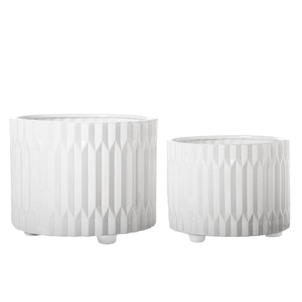 Ceramic Round Pot with Embossed Geometric Spike Pattern Design Body Set of Two Gloss Finish White. Picture 1