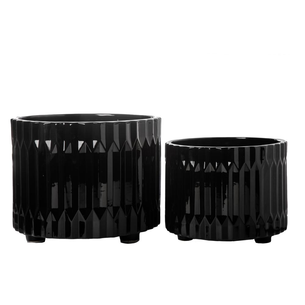 Ceramic Round Pot with Embossed Geometric Spike Pattern Design Body Set of Two Gloss Finish Black. The main picture.