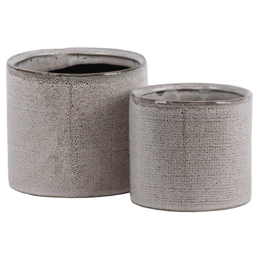 Ceramic Cylinder Pot with Stipple Design Body Gloss Finish Cream, Set of 2. The main picture.