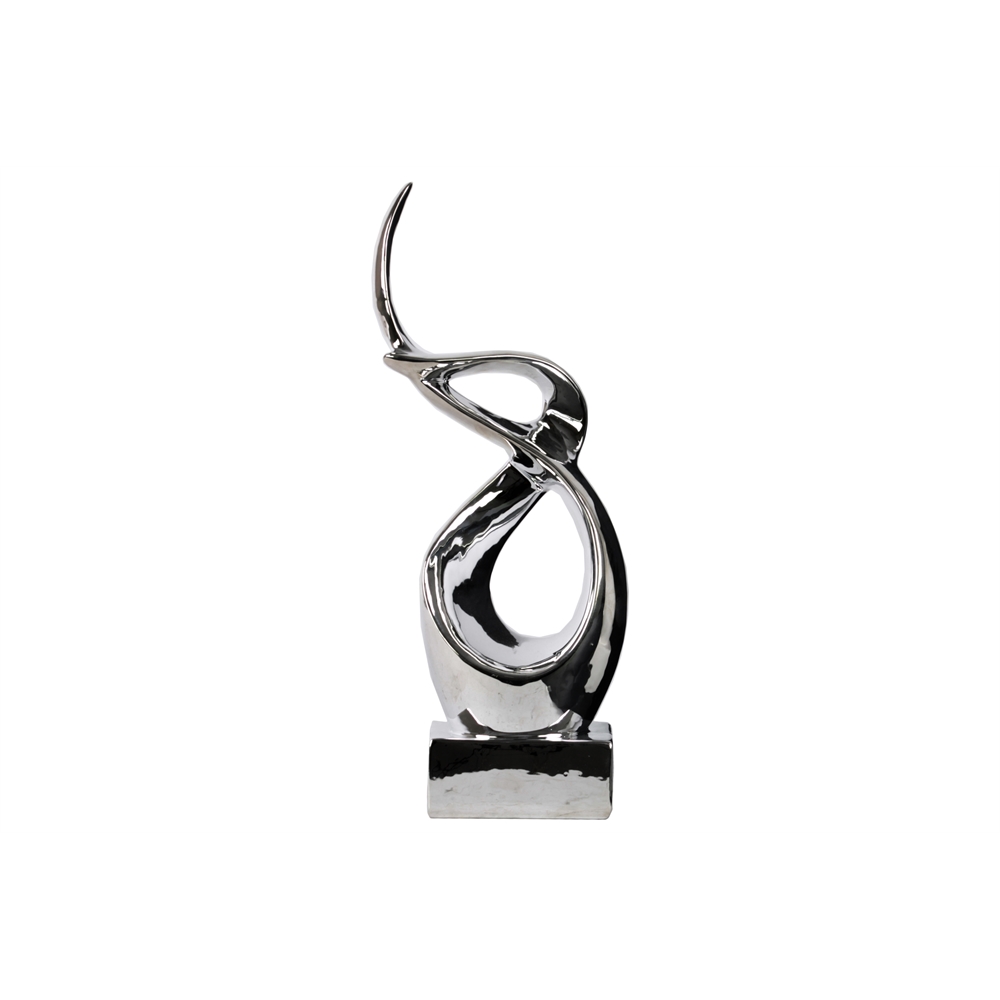 Ceramic Swirl Abstract Sculpture on Rectangular Base Polished Chrome Finish Silver, Large. The main picture.