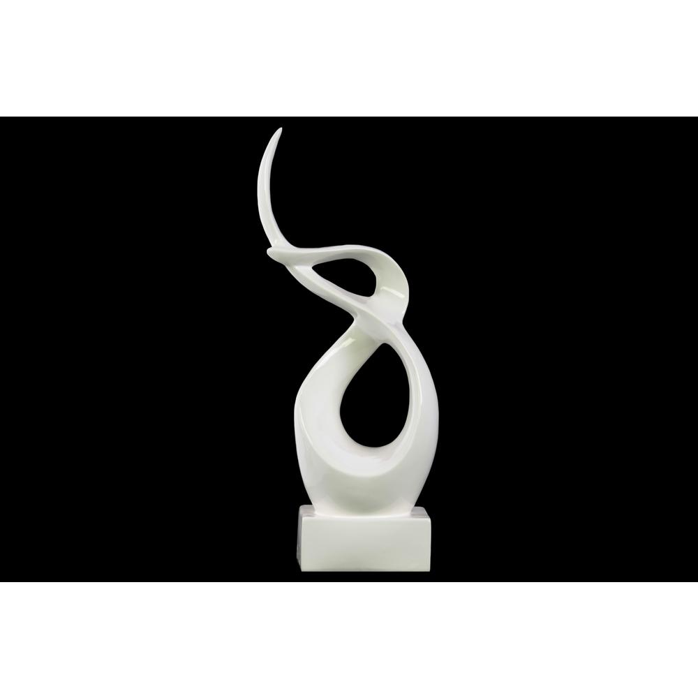 Ceramic Swirl Abstract Sculpture on Rectangular Base LG Gloss Finish White. Picture 1