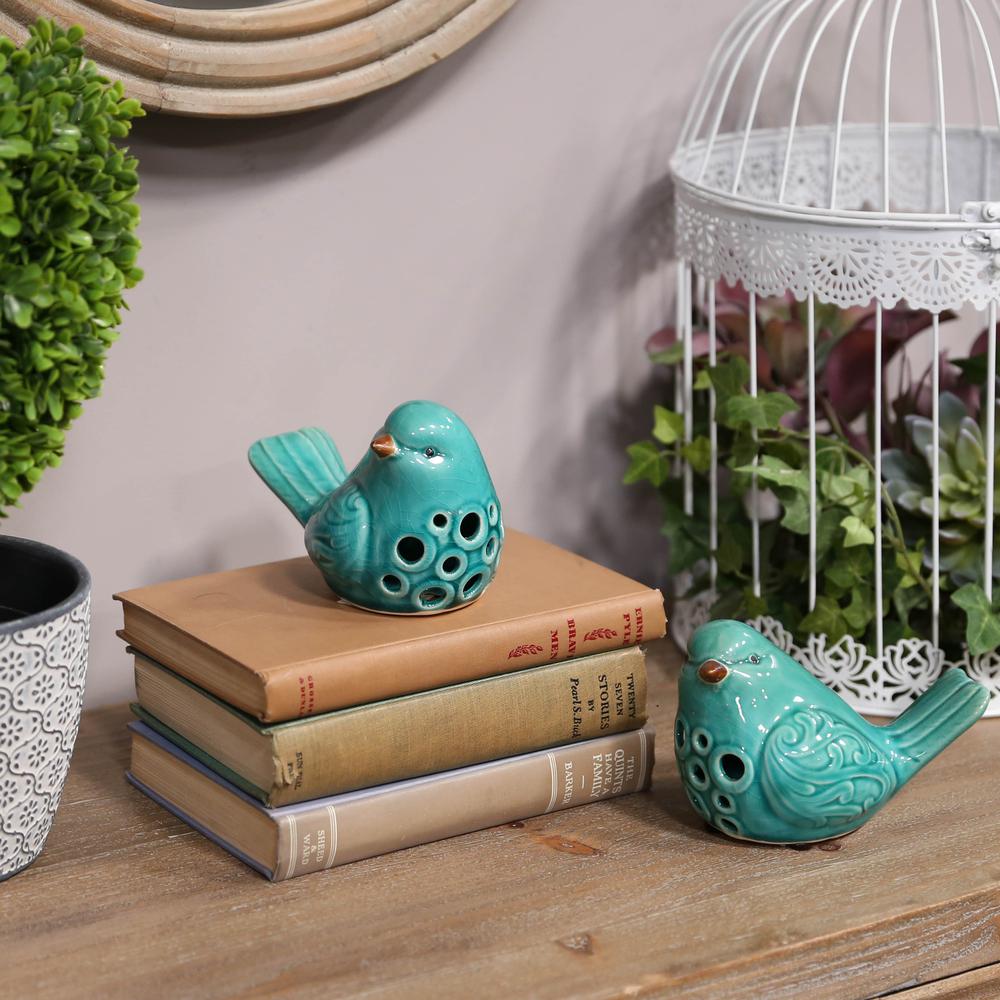 Porcelain Bird Figurine with Round Cutout Design Assortment of Two Gloss Finish Turquoise. The main picture.