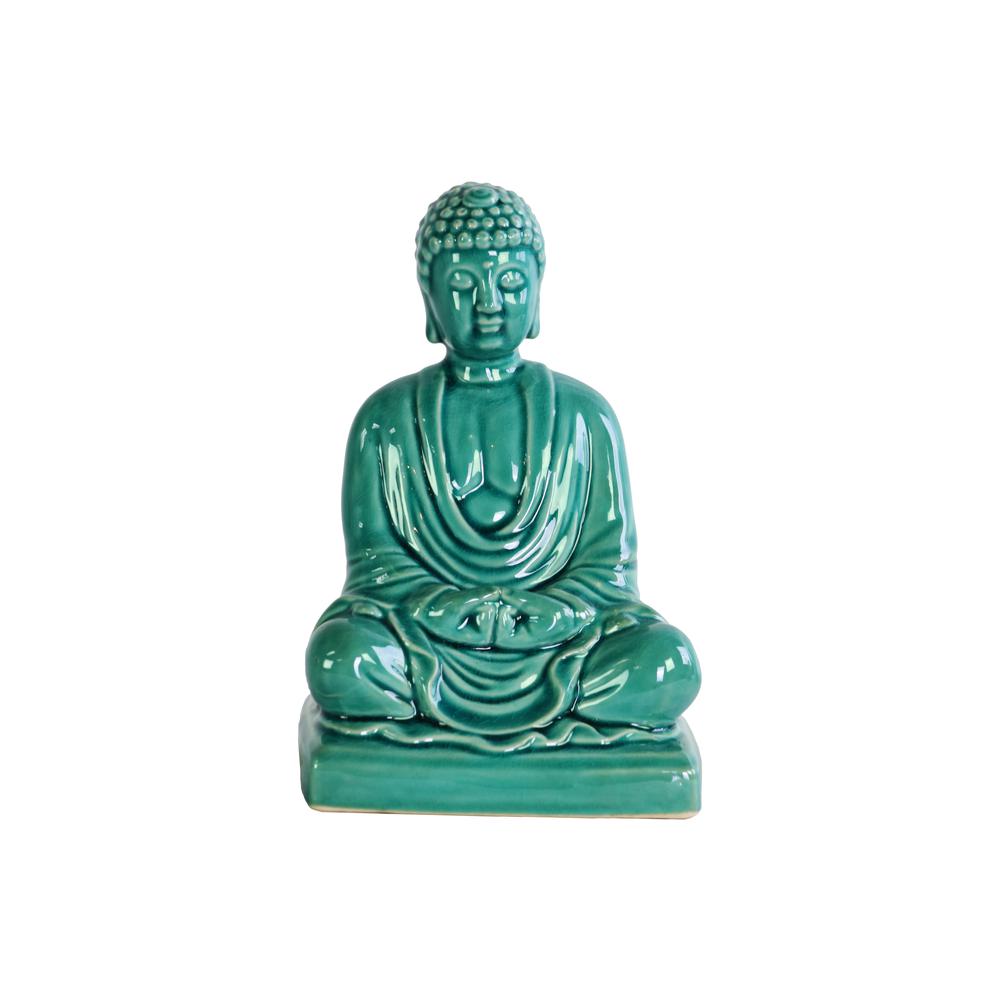 Porcelain Meditating Buddha Figurine without Ushnisha in Mida-No Jouin Mudra on Base Gloss Finish Teal. Picture 1