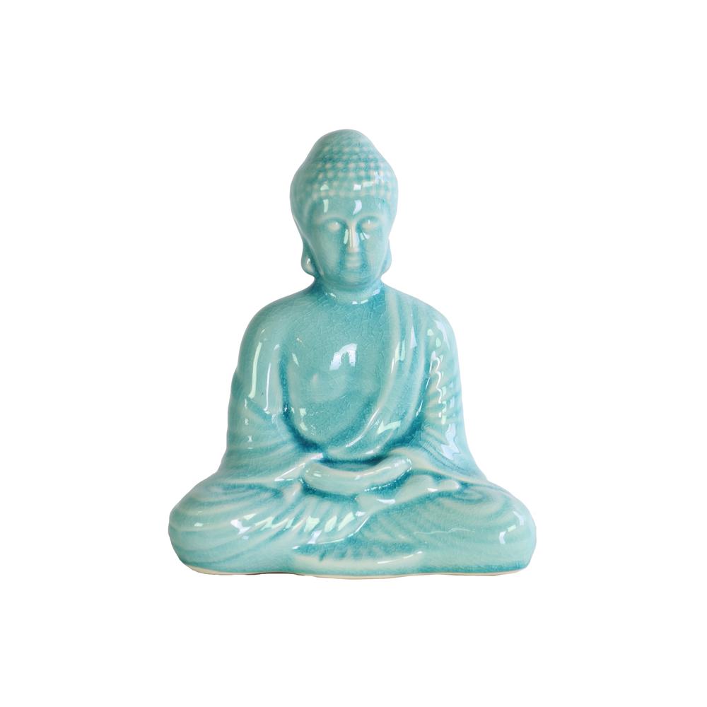 Ceramic Meditating Buddha Figurine with Rounded Ushnisha in Dhyana Mudra Gloss Finish Cyan. The main picture.