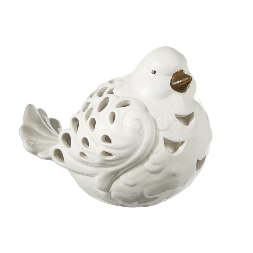 Ceramic Sitting Bird Figurine with Brown Beak and Cutout Design Body Gloss Finish White. Picture 1