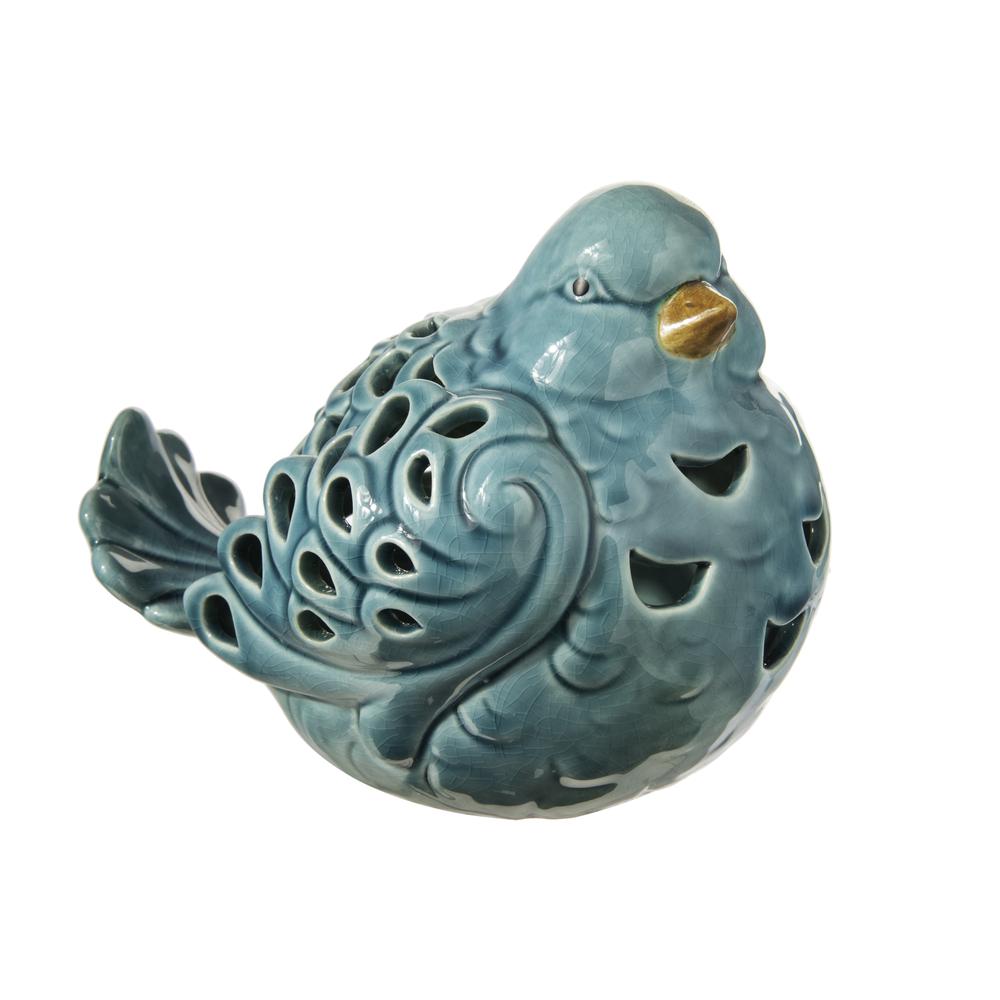 Ceramic Sitting Bird Figurine with Brown Beak and Cutout Design Body Gloss Finish Blue. The main picture.