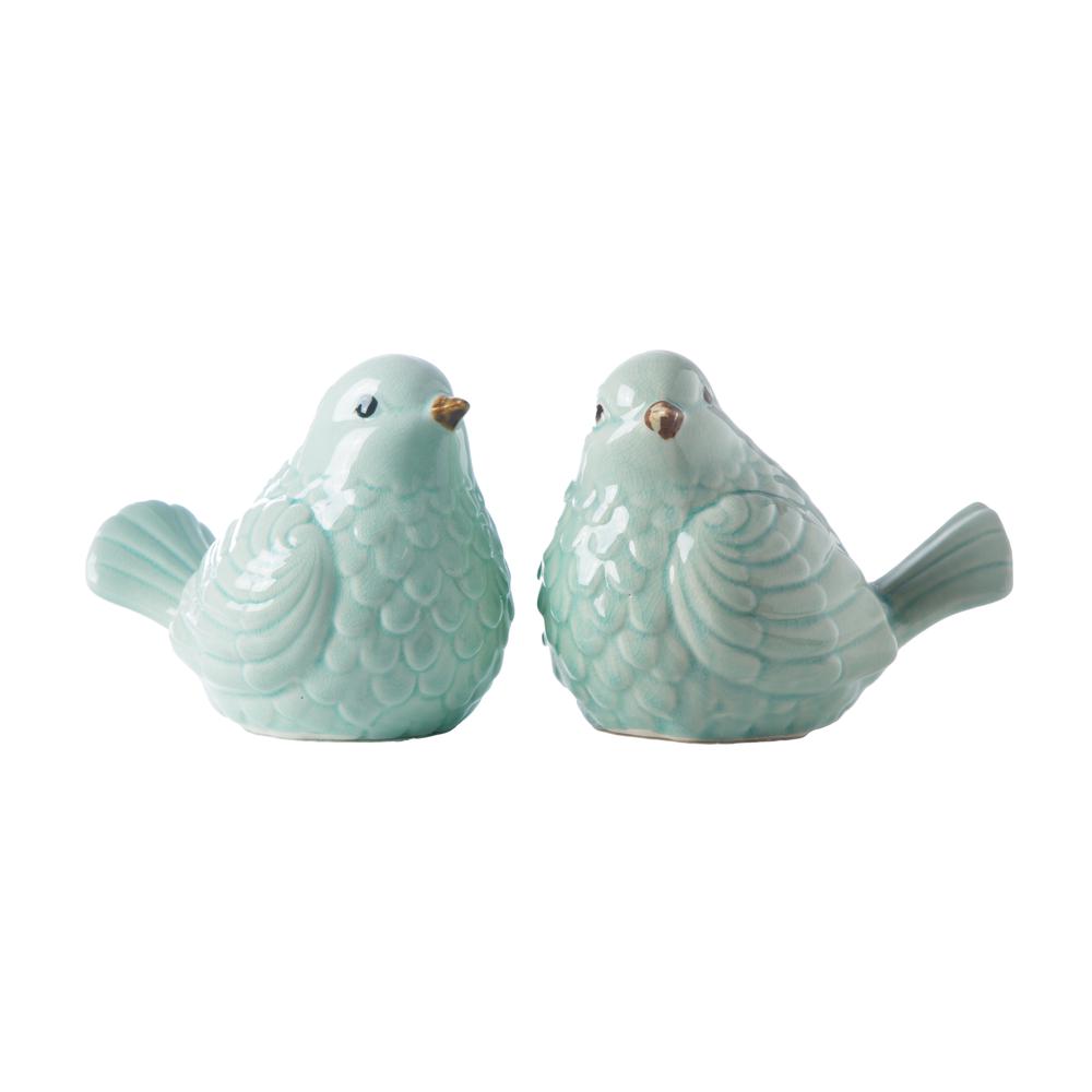 Ceramic Sitting Bird Figurine Assortment of Two Gloss Finish Light Blue. The main picture.