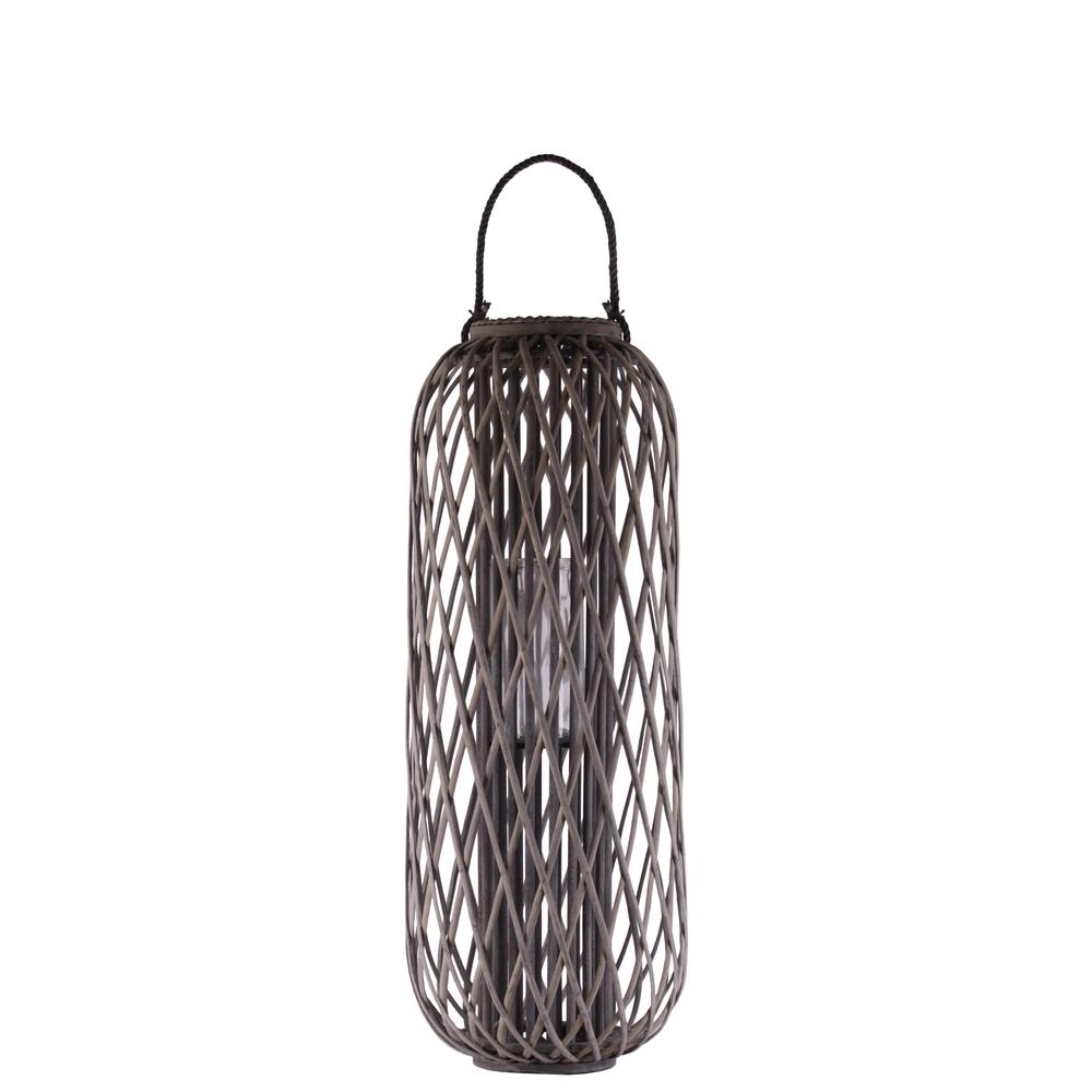 Bamboo Round 39.25" Lantern with Braided Rope Lip and Handle, Lattice Design Body and Hurricane Candle Holder Weathered Finish Wash Gray. The main picture.