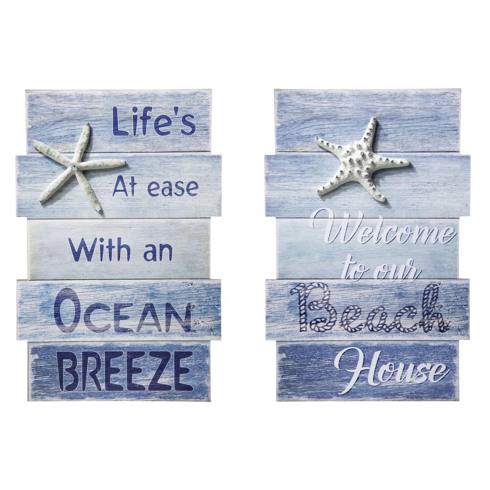 Wood Rectangle Wall Art with Embossed Starfish and "Beach Quotes" on Uneven Size Frame Distressed Finish Ocean Blue. The main picture.