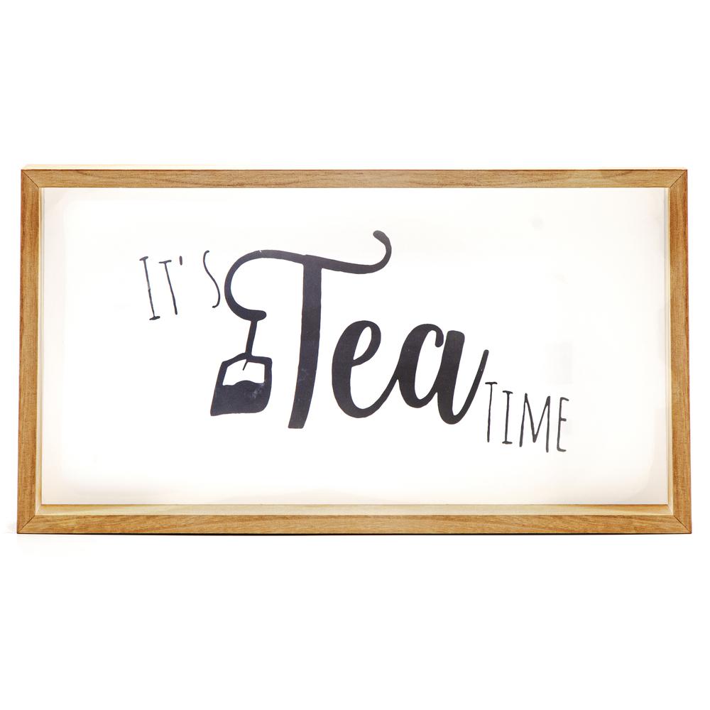 Wood Rectangle Wall Decor with Writing "IT'S TEA TIME" Painted Finish White. Picture 1