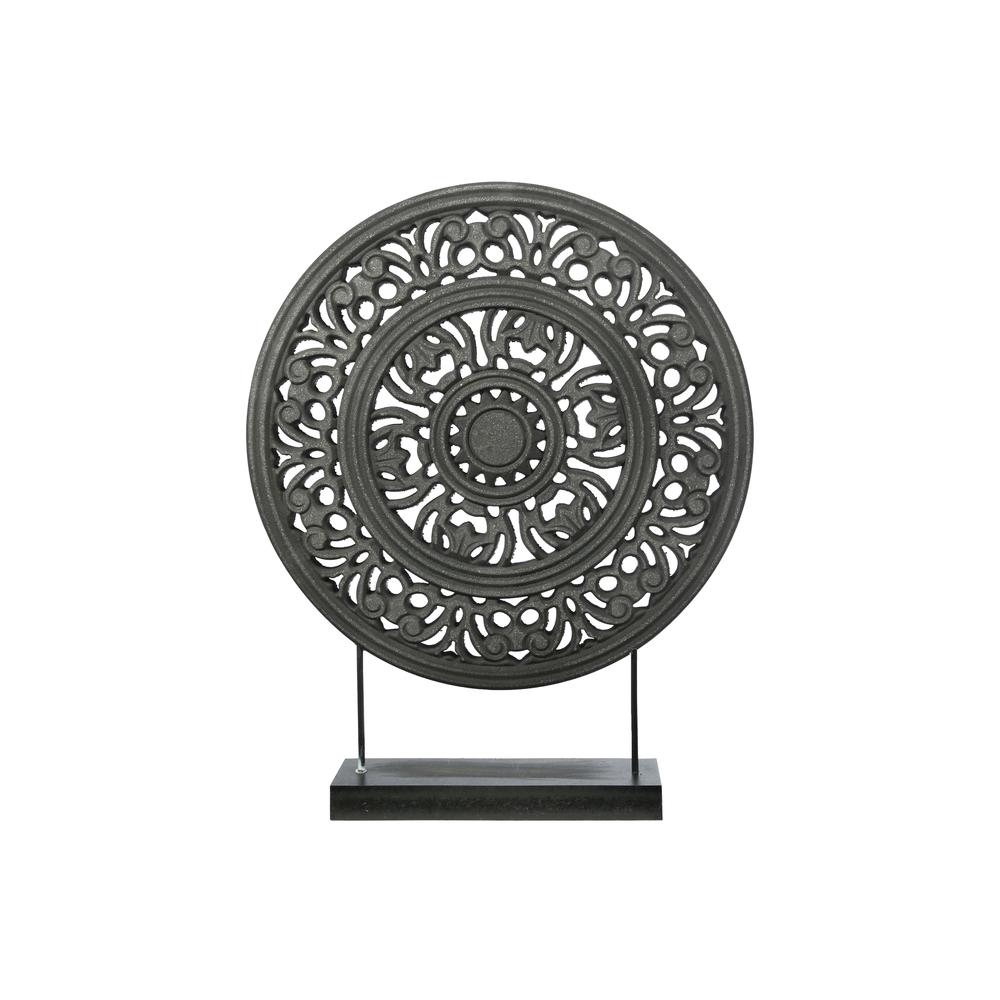 Wood Round Ornament with Floral Pattern Wheel Design on Base Stand Matte Finish Black. The main picture.