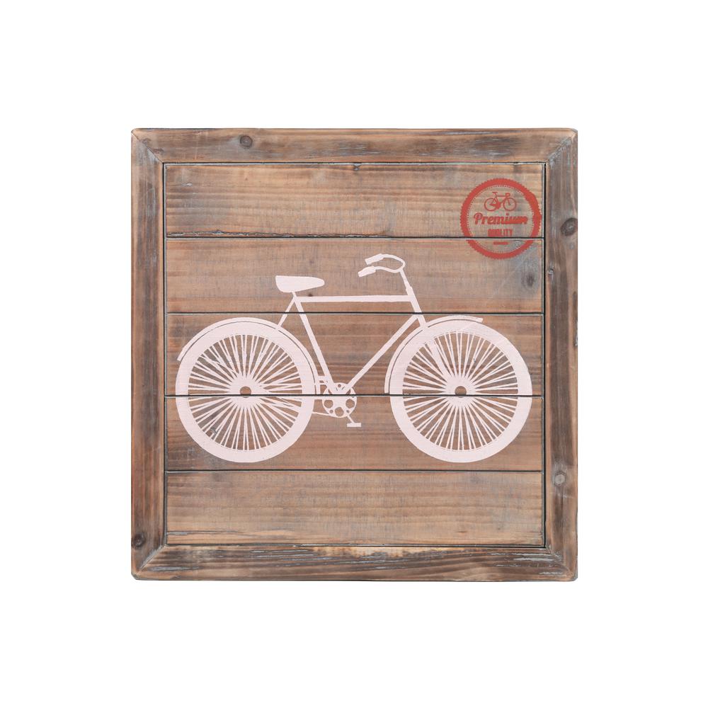 Wood Square Wall Art with Printed "Bicycle" Natural Finish Brown. The main picture.