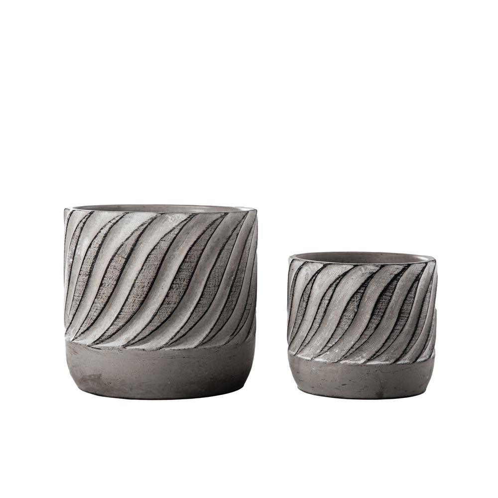 Cement Round Pot with Embossed Wave Pattern and Dark Edges Design Body Set of Two Concrete Finish Gray. The main picture.