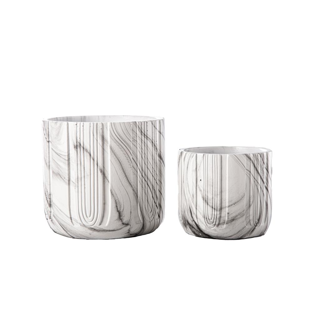 Cement Round Pot with Debossed Column Pattern and Seamless Overlay Design Body Set of Two Coated Finish White. Picture 1