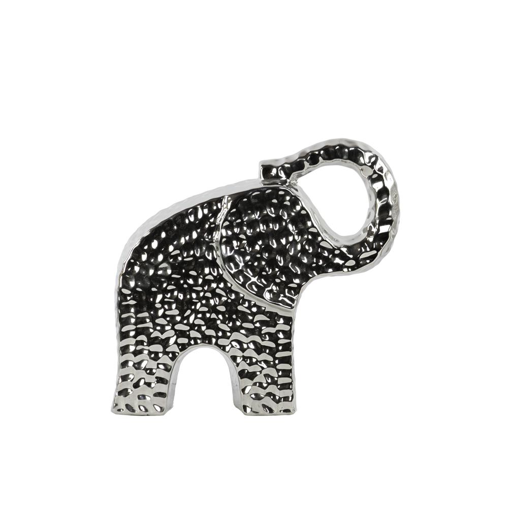 Porcelain Edged Trumpeting Standing Elephant Figurine Dimpled Polished Chrome Finish Silver, Small. The main picture.