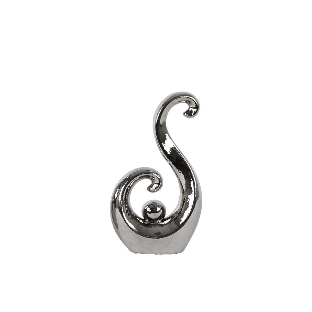 Ceramic "S" Shape Abstract Sculpture with Round Figure in Center on Base SM Polished Chrome Finish Silver. The main picture.