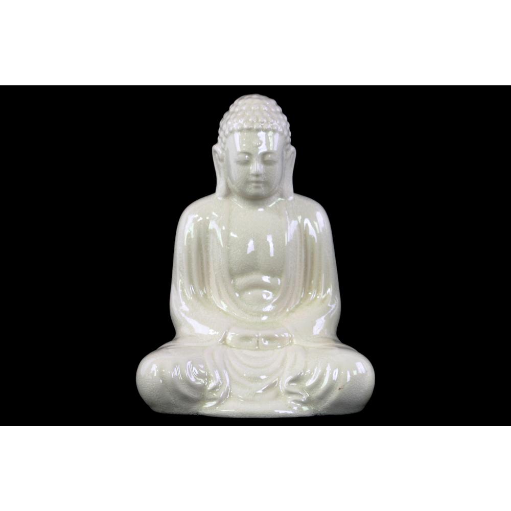 Ceramic Meditating Buddha Figurine with Rounded Ushnisha in Mida No Jouin Mudra Gloss Finish White, Large. Picture 1