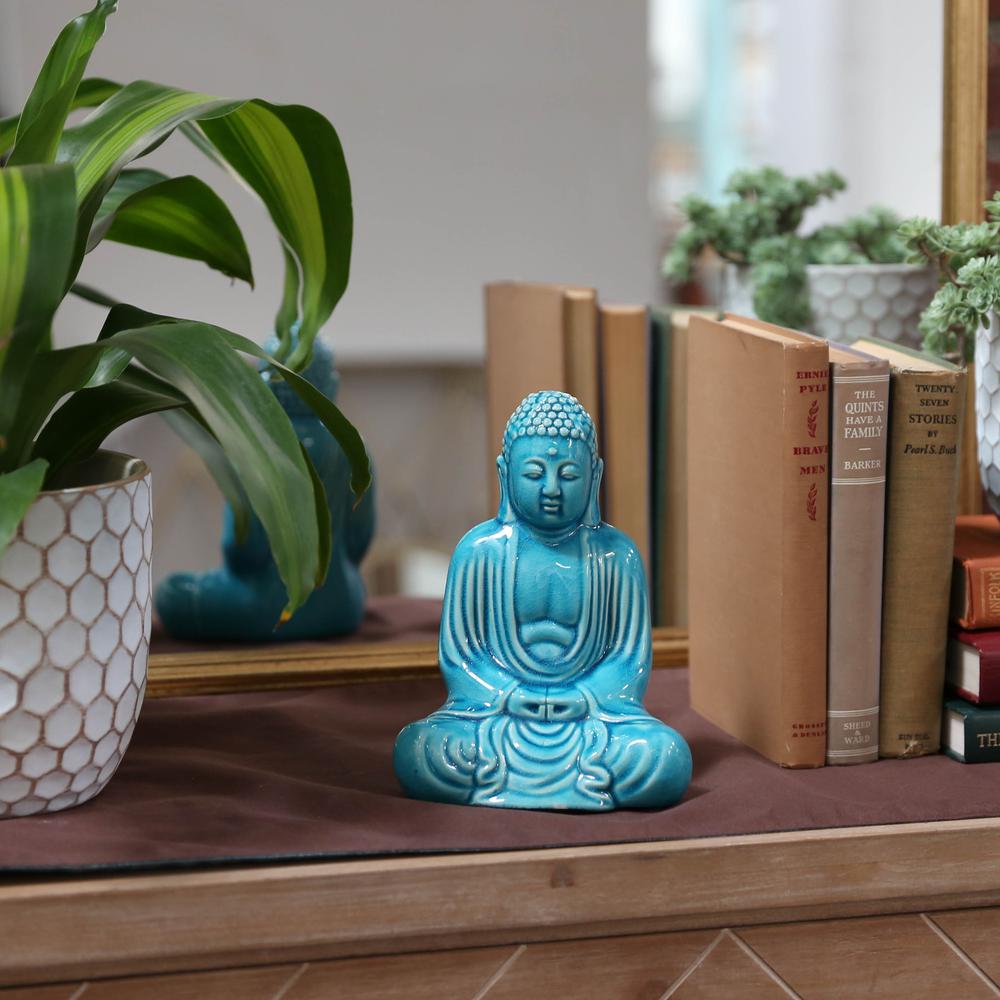 Ceramic Meditating Buddha Figurine with Rounded Ushnisha in Mida No Jouin Mudra SM Gloss Finish Blue. Picture 1
