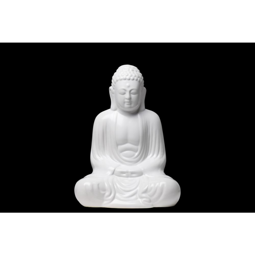 Ceramic Meditating Buddha Figurine with Rounded Ushnisha in Dhyana Mudra MD Glazed Finish White. The main picture.