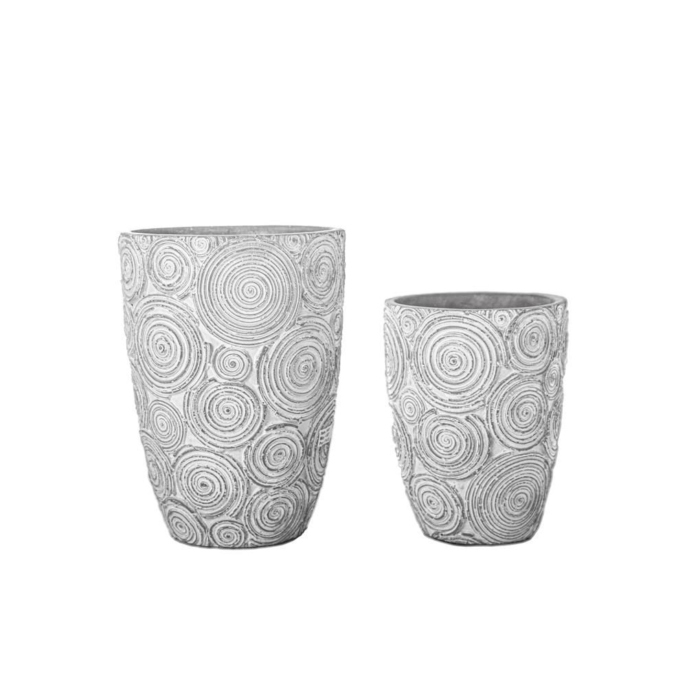 Cement Round Tall Pot with Embossed Spiral Illusion Abstract Design Body Set of Two Washed Concrete Finish Gray. The main picture.