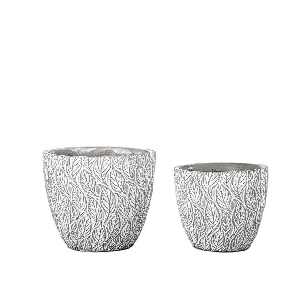 Cement Round Pot with Embossed Leaves Abstract Design Body Set of Two Washed Concrete Finish Gray. Picture 1