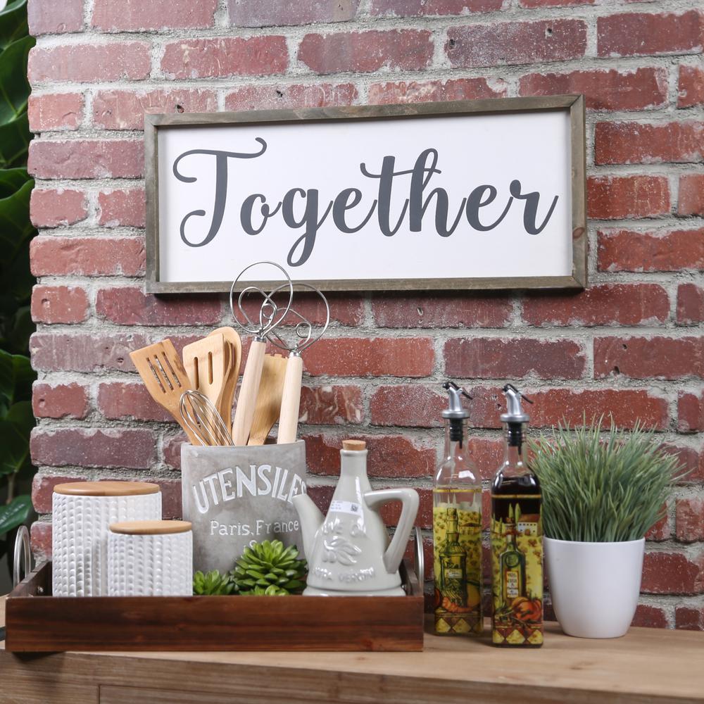 Wood Rectangle Wall Art with Cursive Writing "TOGETHER" on Sage Color Frame and Metal Back Hangers Painted Finish White. Picture 1