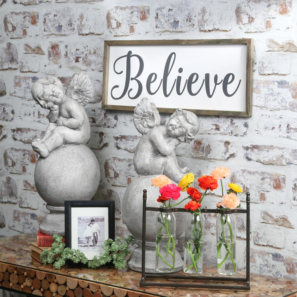 Wood Rectangle Wall Art with Cursive Writing "BELIEVE" on Sage Color Frame and Metal Back Hangers Painted Finish White. Picture 1