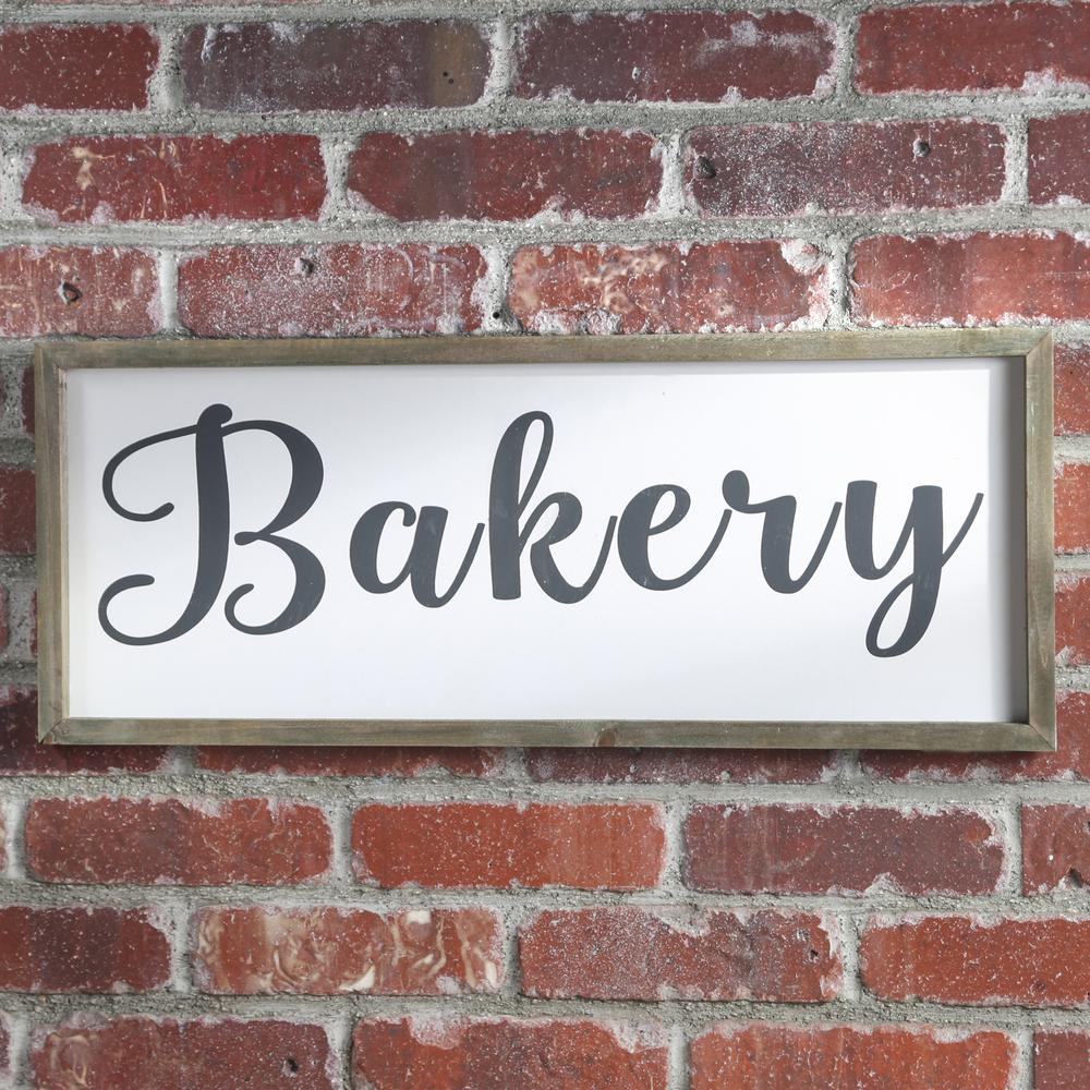 Wood Rectangle Wall Art with Cursive Writing "BAKERY" on Sage Color Frame and Metal Back Hangers Painted Finish White. Picture 1
