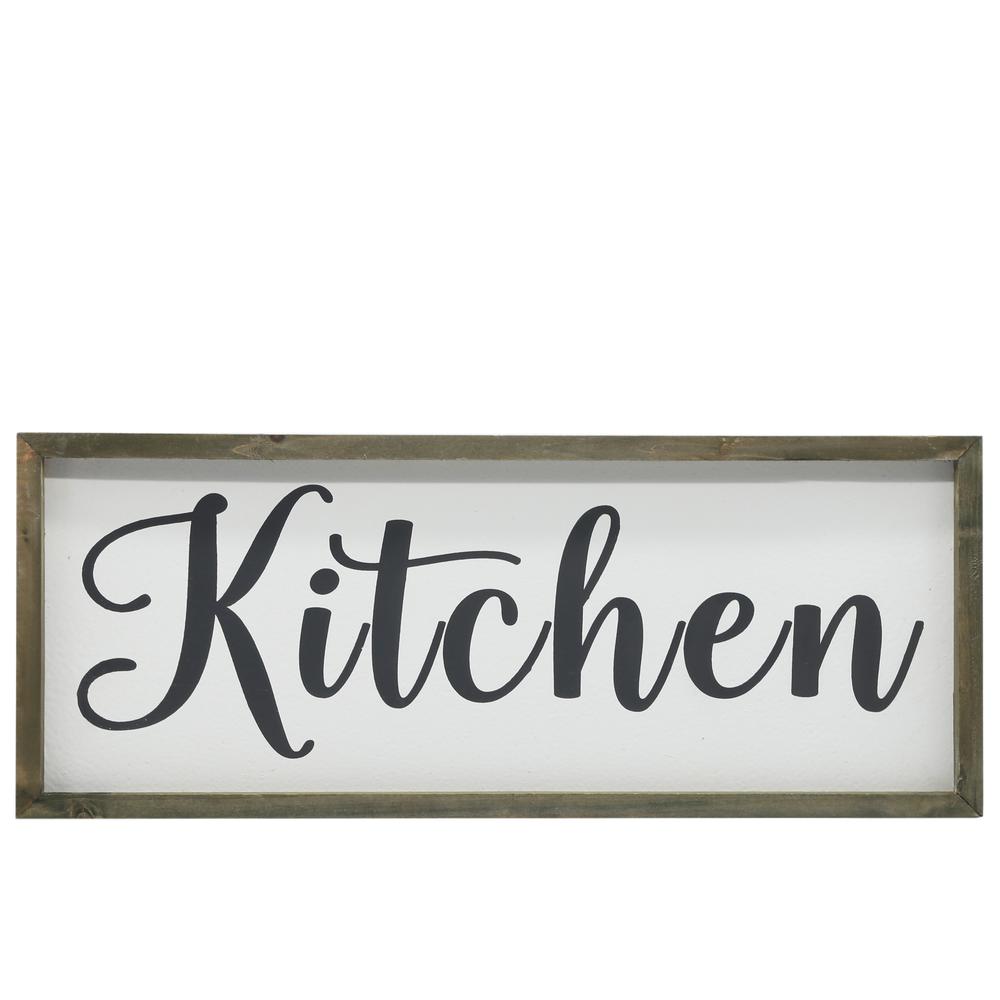 Wood Rectangle Wall Art with Cursive Writing "KITCHEN" on Sage Color Frame and Metal Back Hangers Painted Finish White. Picture 1