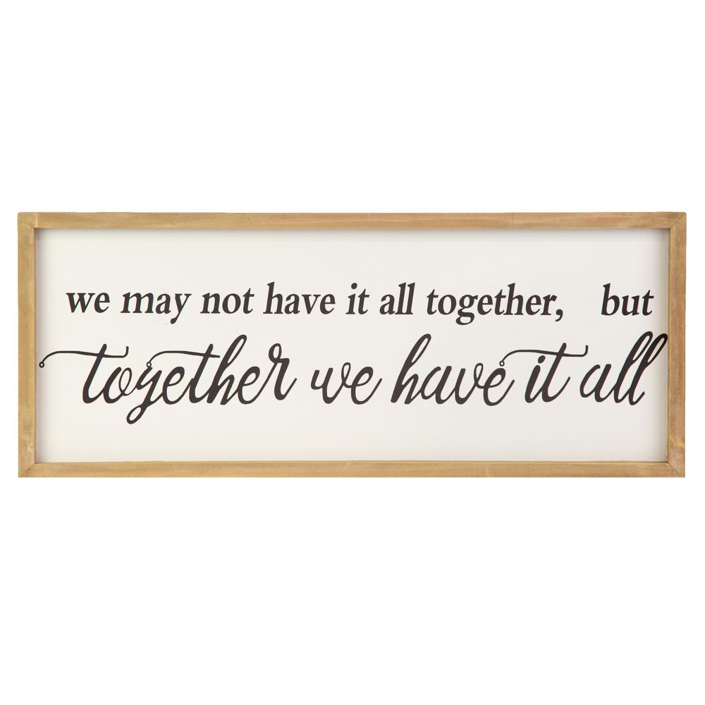 Wood Rectangle Wall Art with Frame and "Together We have it All" Writing Smooth Finish White. Picture 1