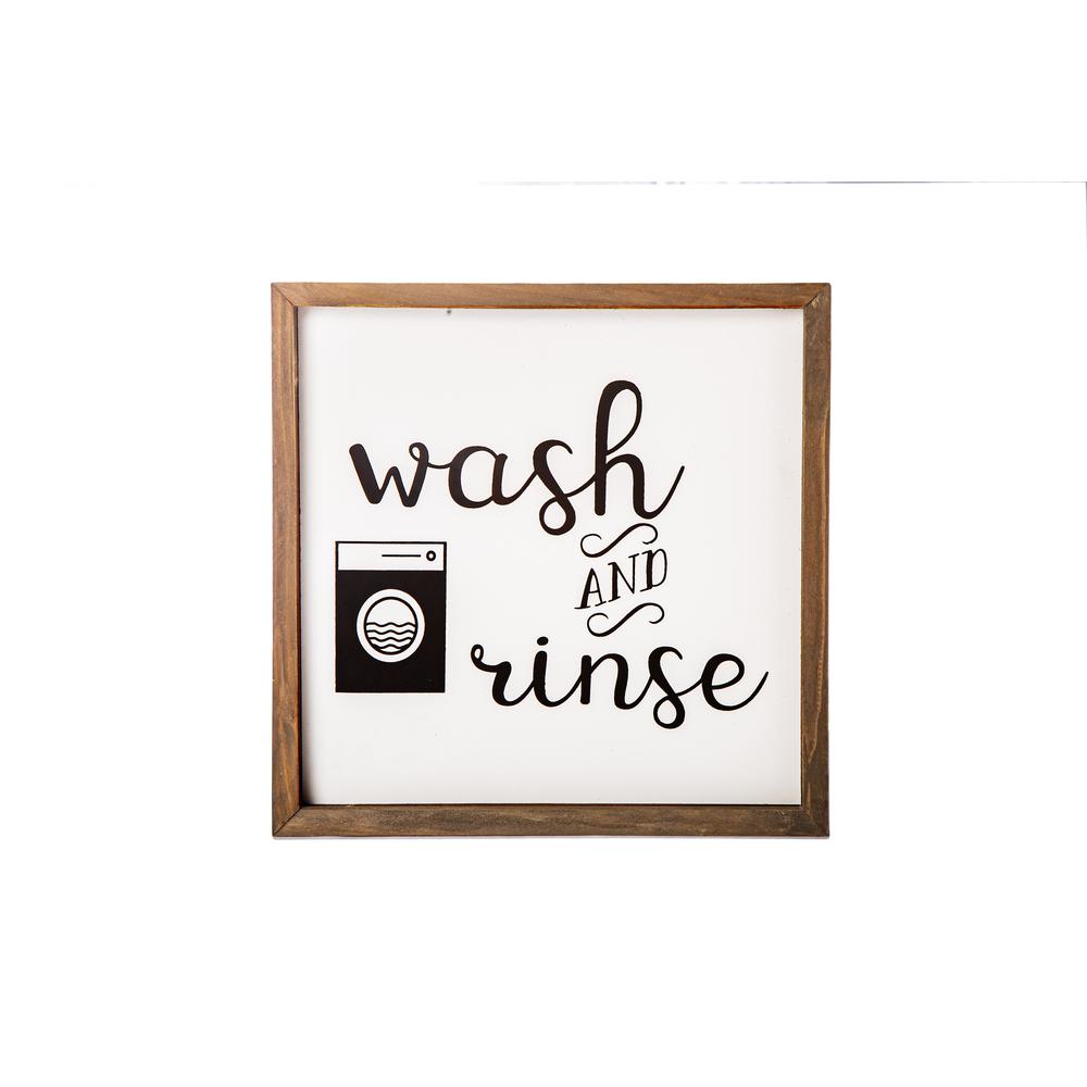 Wood Square Wall Art with Frame and "Wash and Rinse" Writing Painted Finish White. Picture 1