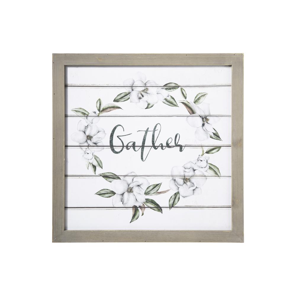 Wood Square Wall Art with Frame, Printed "Gather" and Petals Design Painted Finish White. The main picture.