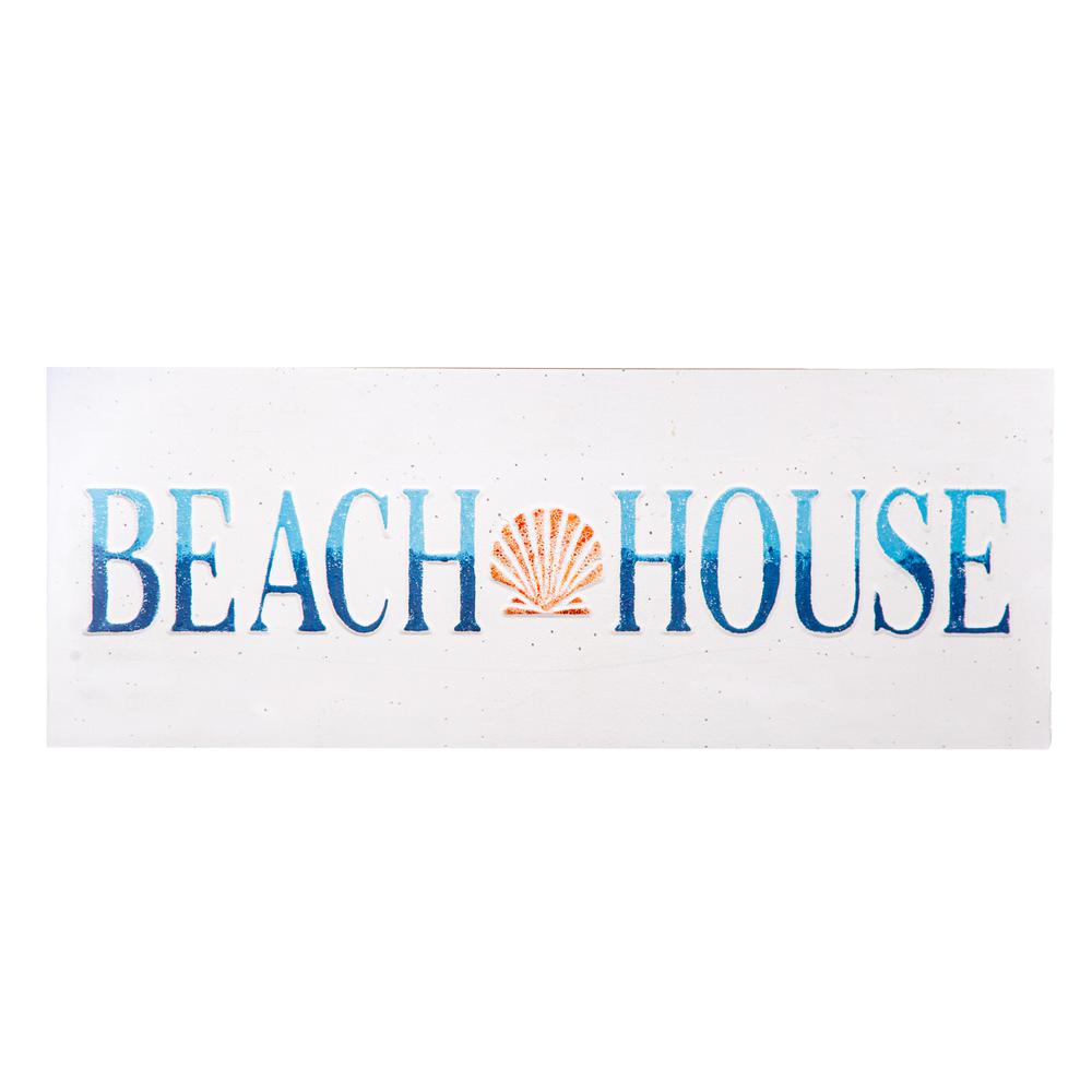Wood Rectangle Wall Decor with Printed "Beach House" Design Smooth Finish White. The main picture.