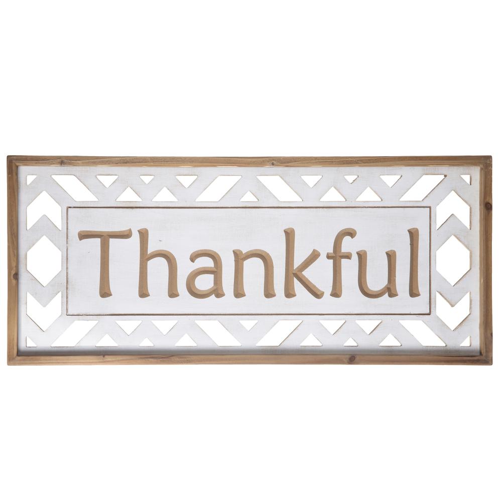 Wood Rectangle Wall Art with Carved Writing "Thankful" and Side Cutout Shapes Design Painted Finish White. Picture 1