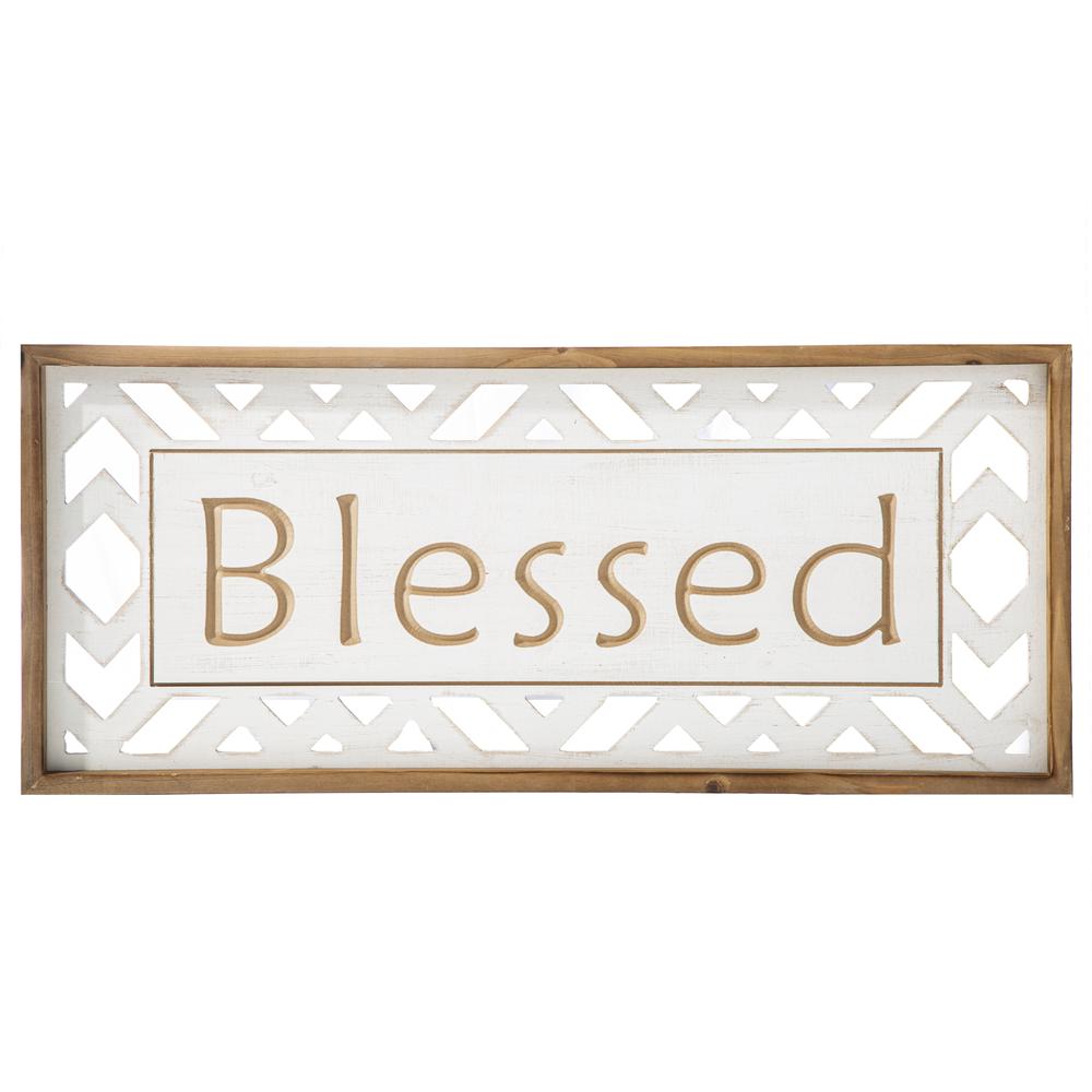 Wood Rectangle Wall Art with Carved Writing "Blessed" and Side Cutout Shapes Design Painted Finish White. The main picture.