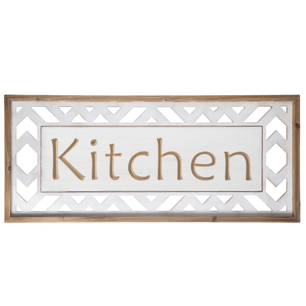 Wood Rectangle Wall Art with Carved Writing "Kitchen" and Side Cutout Shapes Design Painted Finish White. The main picture.